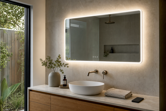 Smart LED bathroom mirror above a modern Australian vanity with subtle Bluetooth display controls