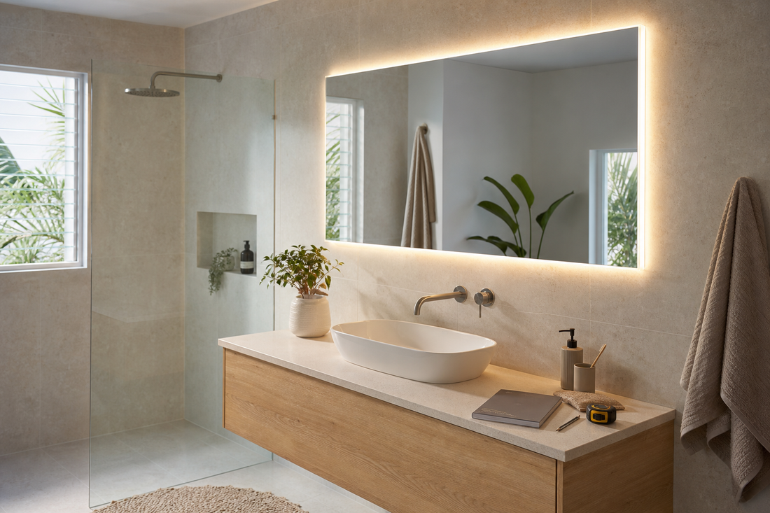 LED bathroom mirror in a modern Australian bathroom with water-safe installation planning