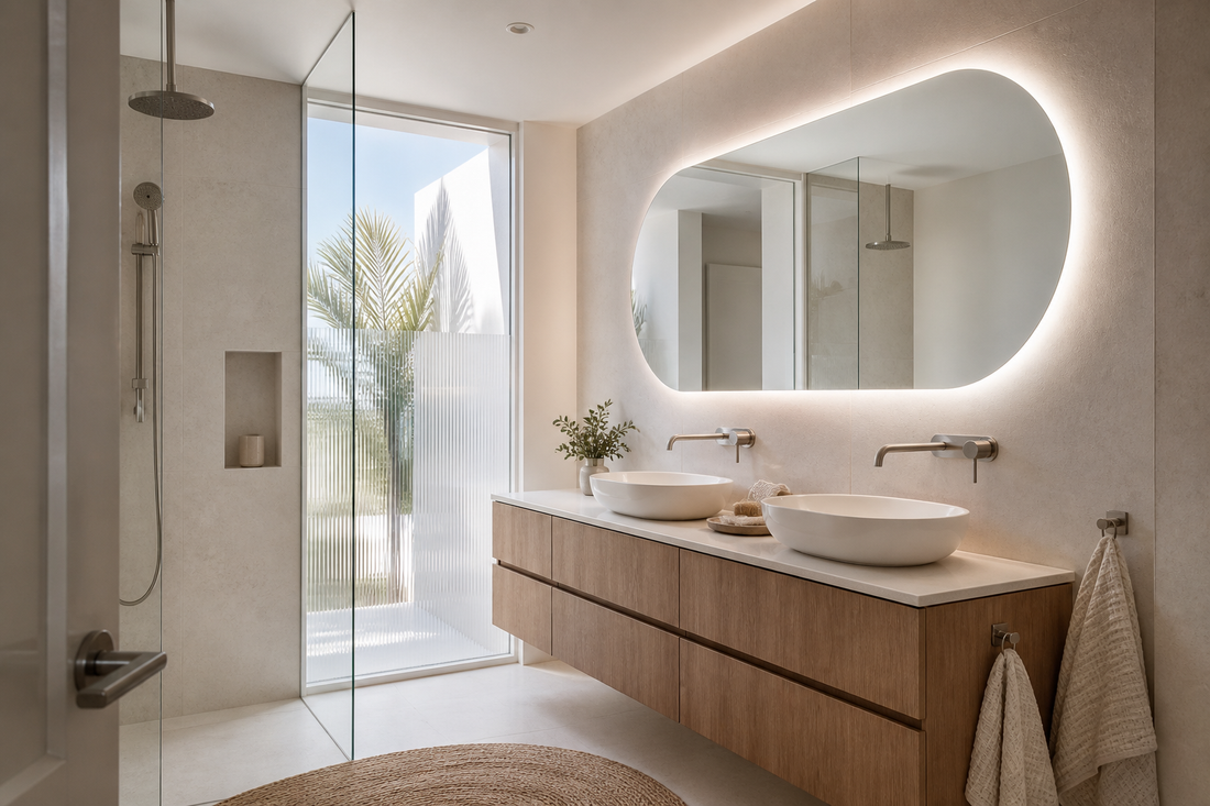 Backlit LED mirror above a coastal Australian bathroom vanity