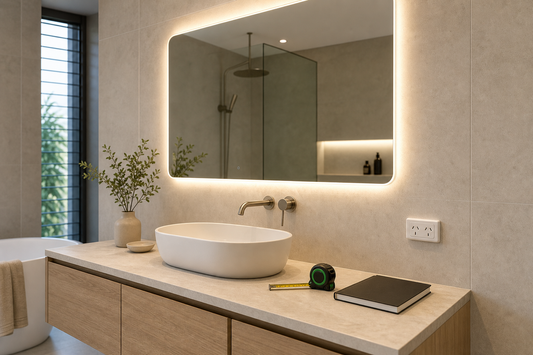 LED bathroom mirror with a planned power point in a modern Australian bathroom