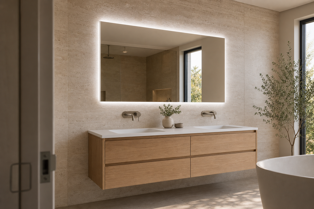 Wide LED mirror above a 1200mm double vanity in a modern Australian bathroom