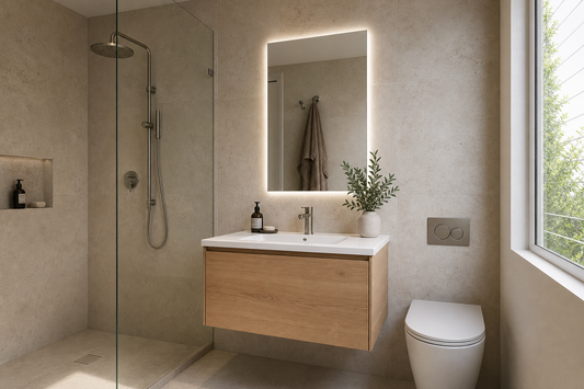 600mm LED bathroom mirror above a 750mm light oak vanity