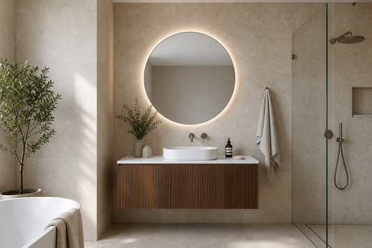 800mm round LED mirror above a 900mm walnut bathroom vanity