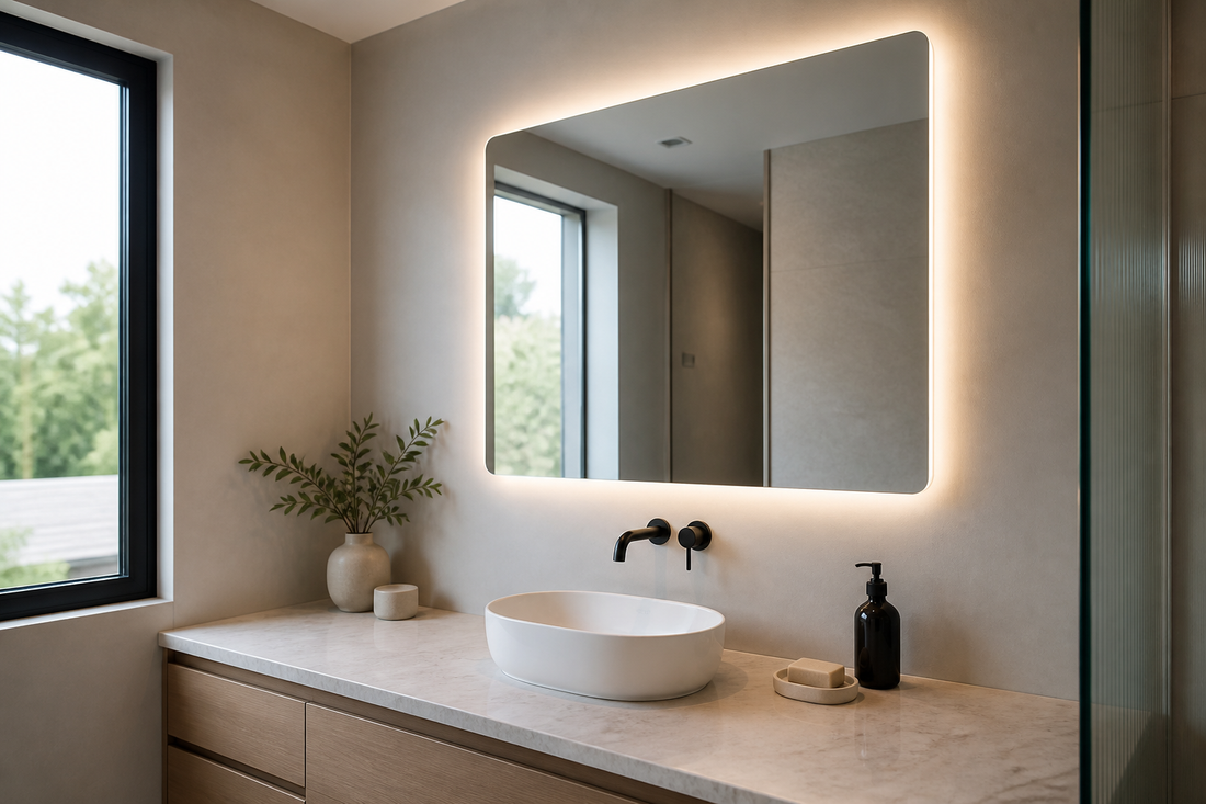 Backlit LED bathroom mirror with concealed cable planning above a modern vanity