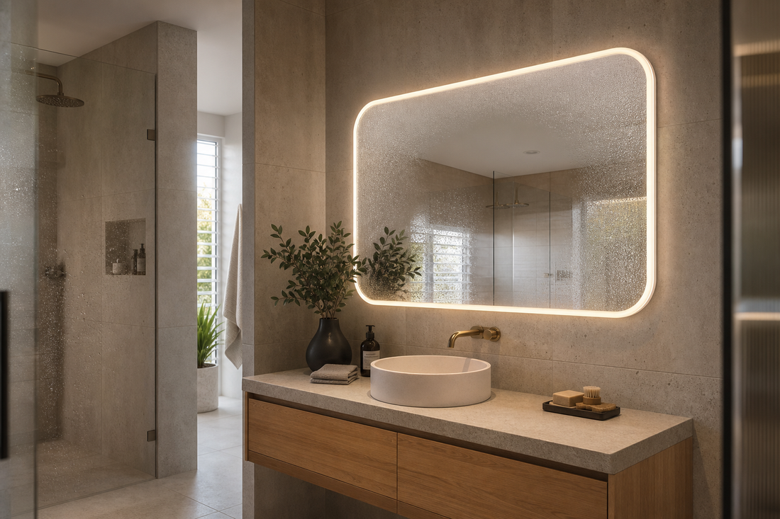 Fogged bathroom mirror after a shower with a clearer anti-fog viewing zone