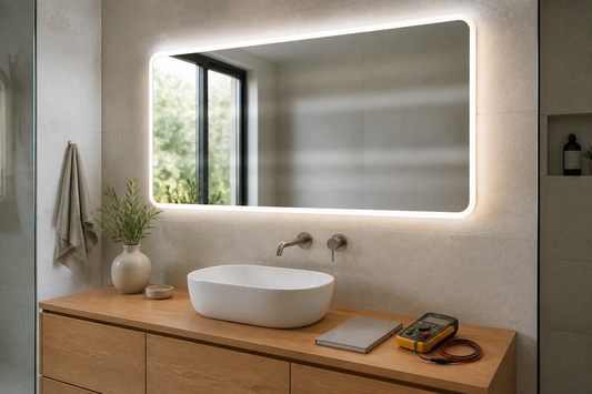 LED bathroom mirror flickering above a modern vanity during safe electrical troubleshooting