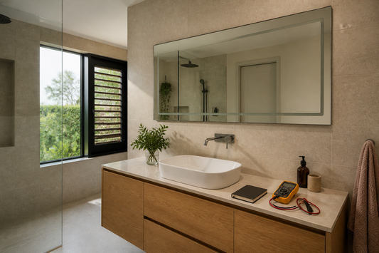 LED bathroom mirror not turning on above a modern vanity during safe troubleshooting
