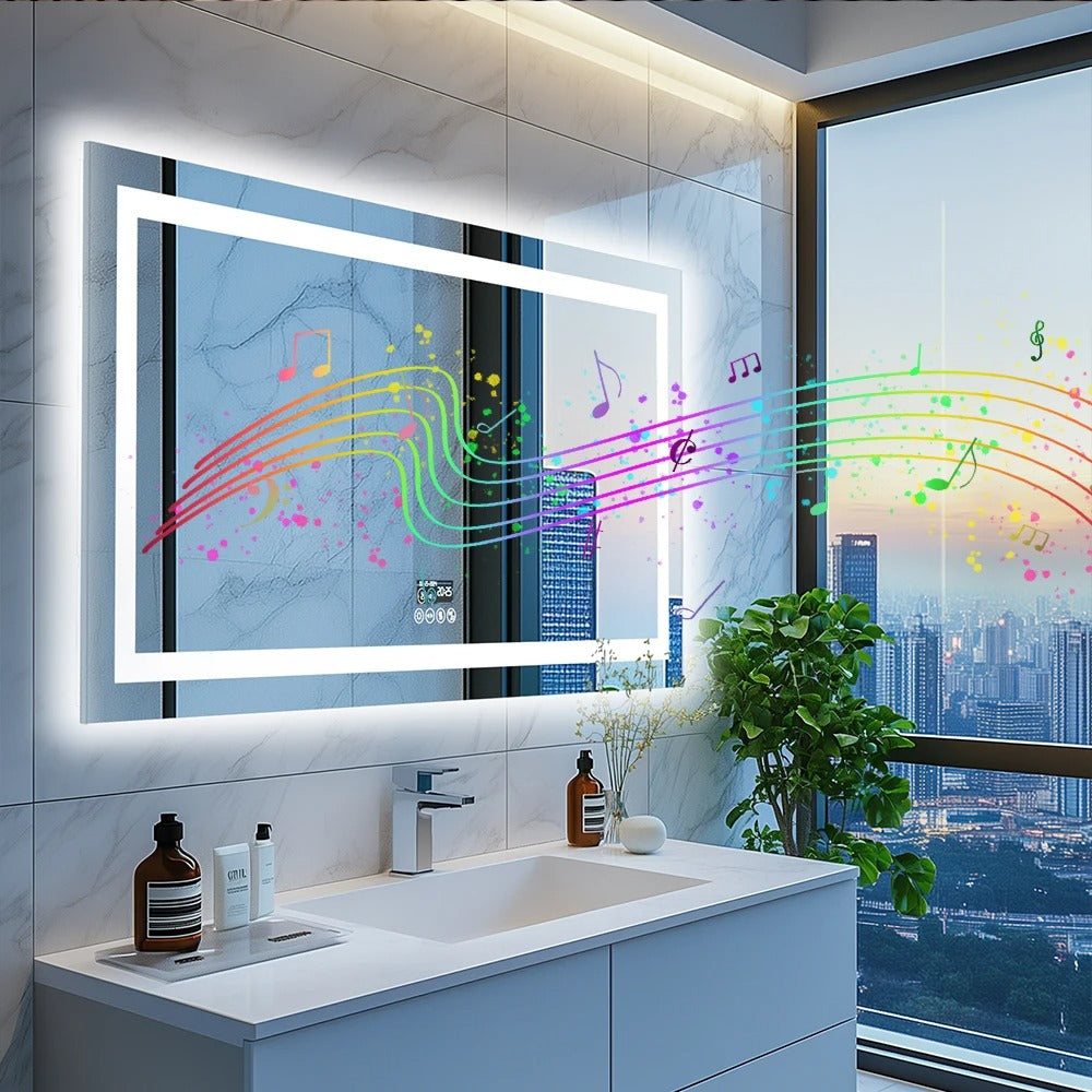 New Generation Smart Bathroom Mirror, Extra Large Rectangle Vanity Mirror with Dual Lights, Anti-Fog, Bluetooth Speakers, 3 Colors Temperature & Dimmable