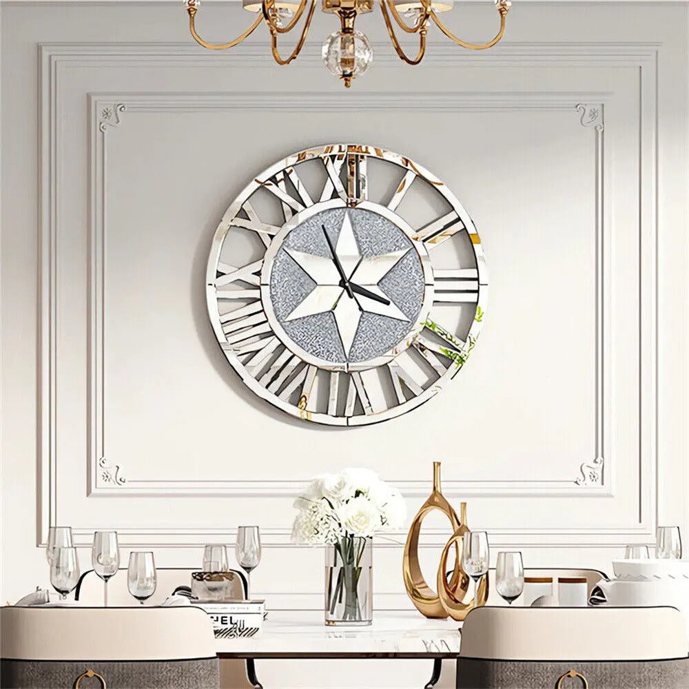 Round Wall Clock Mirror Decorative Silver Glass Mirrors with Roman Numerals Crush Diamond Clocks Battery Operated