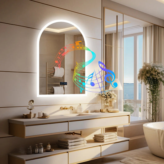Arched LED Backlit Bluetooth Bathroom Mirror – Dimmable, Fogless Vanity Mirror with Time & Temperature Display