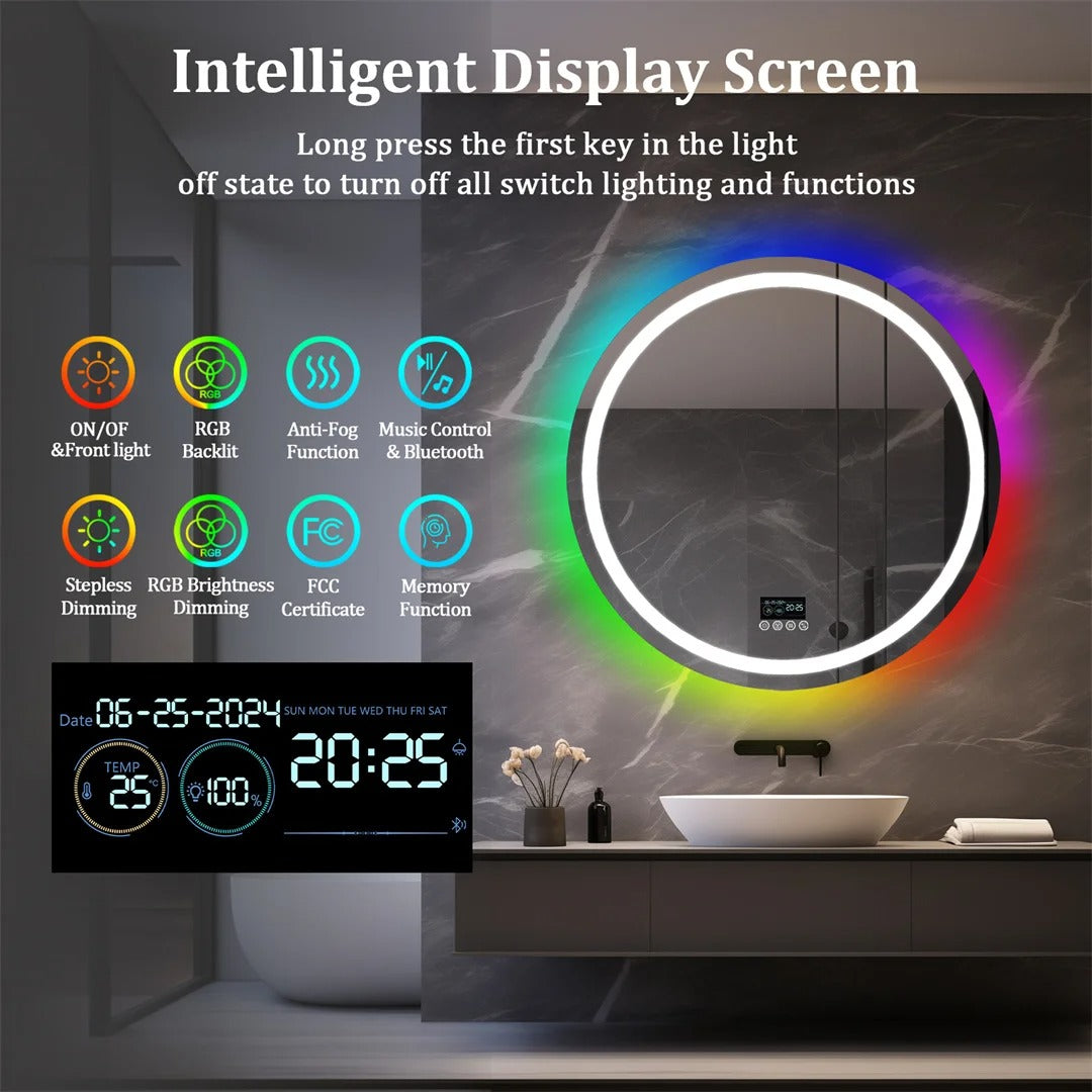 Round Glitzy RGB，Smart LED mirror With Bluetooth Speakers，Double Light LED Bathroom Mirror ，Anti-Fog