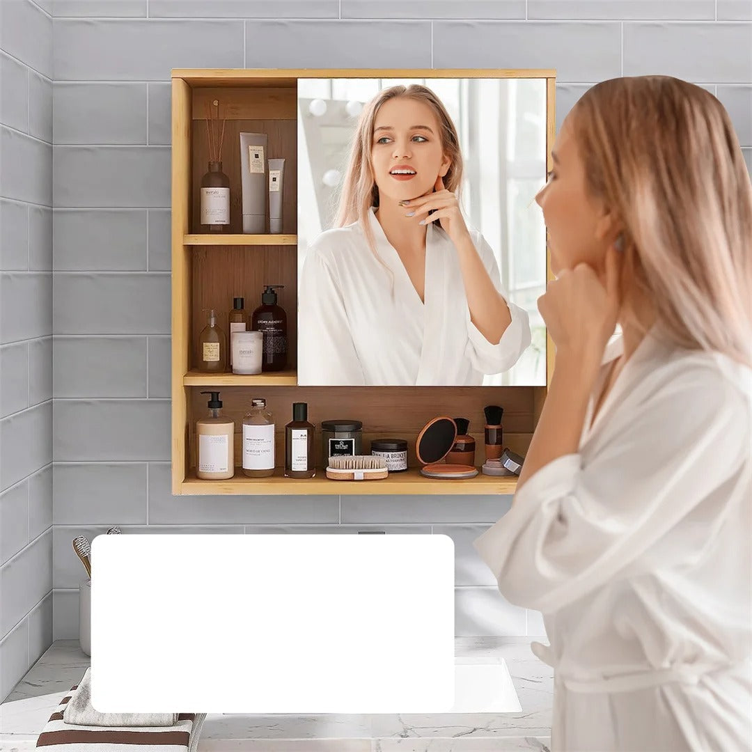 Bamboo Bathroom Mirror Cabinet with Adjustable Shelves – 55.5 × 61 cm