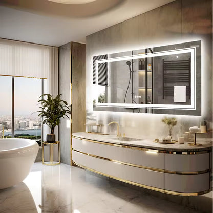 Multiple Size Extra Large Rectangle Double Lights LED Bathroom Mirror Illuminated Dimmable Vanity Mirror with Anti-Fog, 3 Color