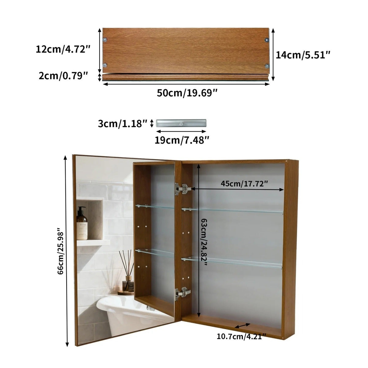 Walnut-Effect Bathroom Mirror Cabinet with Sensor Light – 4 Sizes