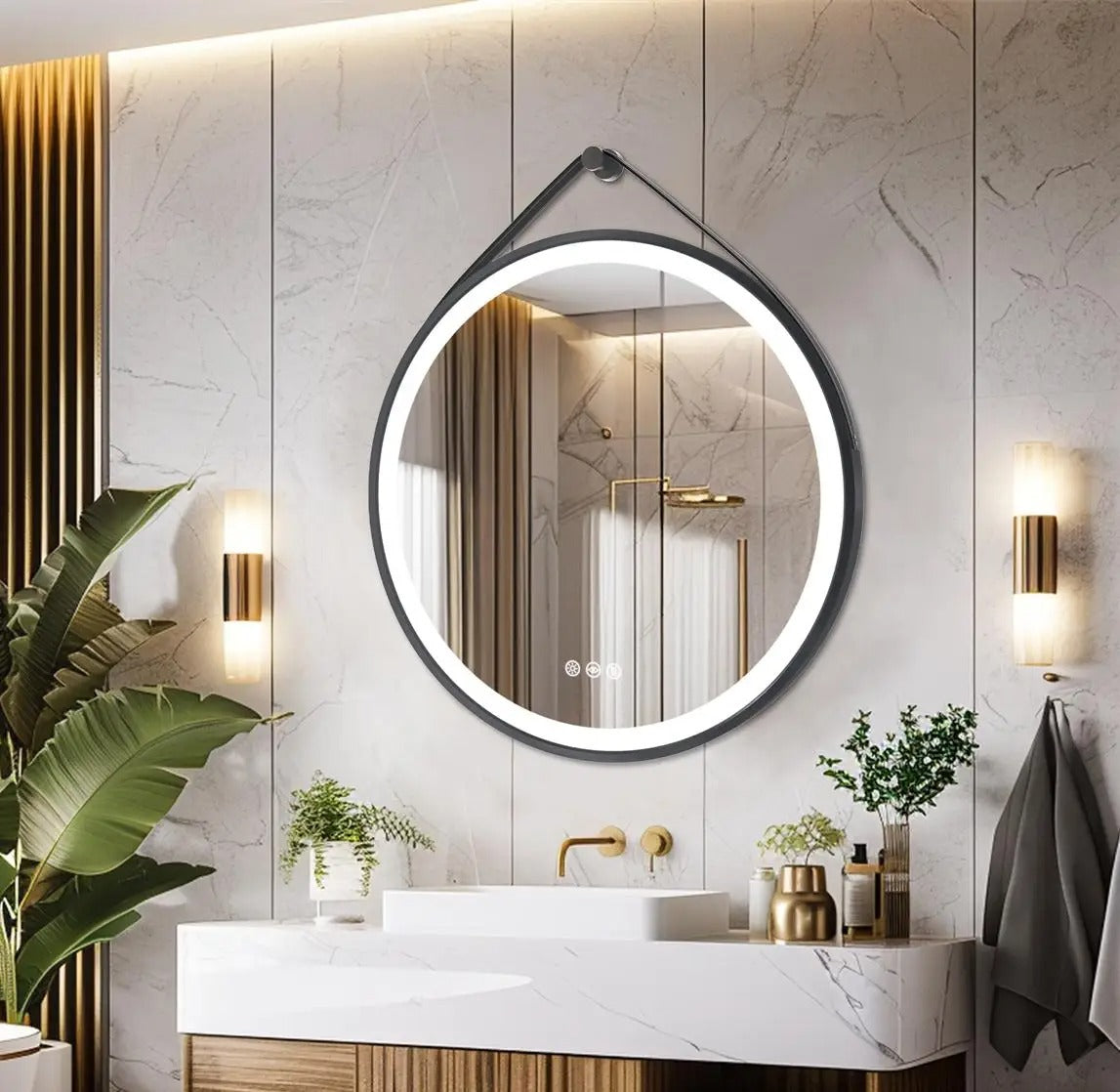 Black Frame with leather rope Round Bathroom Mirror with Front Light,Wall Mounted Lighted Vanity Mirror, Anti-Fog & Dimmable