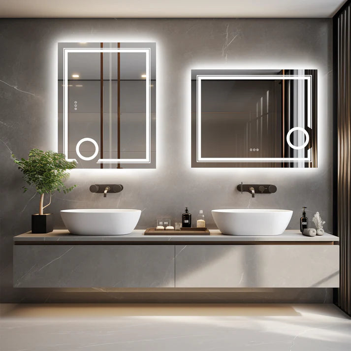 Rectangular Led Shower Lights Rectangle Double lights Smart LED Smart Bathroom Mirror with 3X Magnif ...