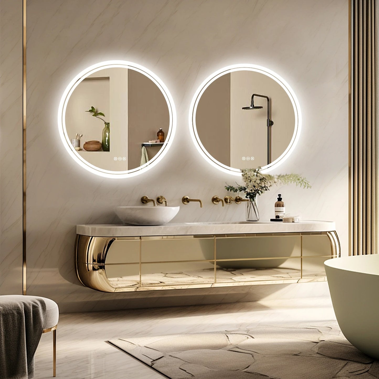 Round Double Lights LED Bathroom Smart Make up Mirror Dimmable, Anti-Fog Circle Wall Mounted Mirror