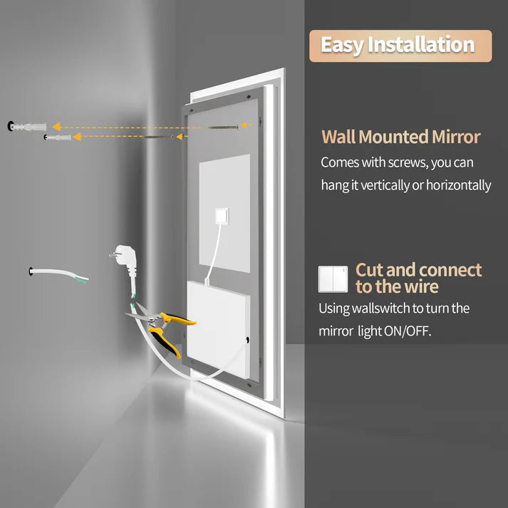 Rectangle Backlit Large LED Bathroom Vanity Mirror, Dimmable, Touch Control, Waterproof