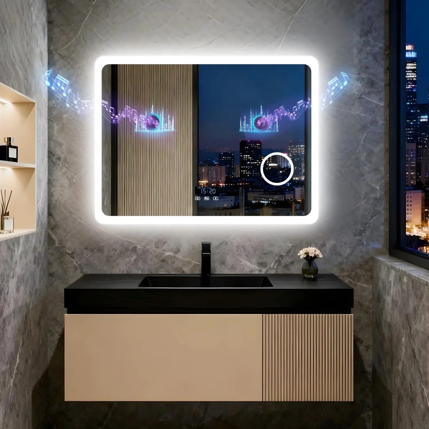 Rectangle Bluetooth LED Bathroom Mirror – Anti-Fog Large Vanity Mirror with 3X Magnifier, Dimmable Touch Light, Date & Time Display