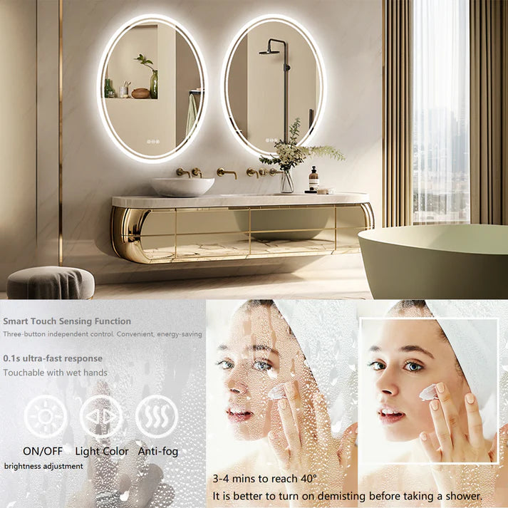 Oval Backlit Light LED Makeup Bathroom Mirror or Wall Mounted, Vanity Mirror  Frameless ,Anti-Fog