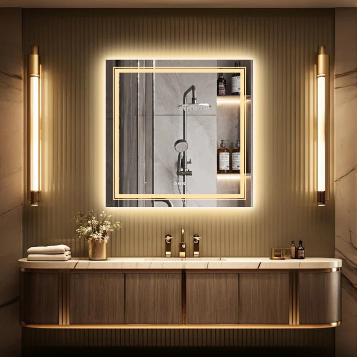 Square Double Light LED Smart Bathroom Illumination Mirror, Wall Mounted, Anti-Fog