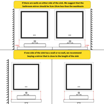 Square Double Light LED Smart Bathroom Illumination Mirror, Wall Mounted, Anti-Fog