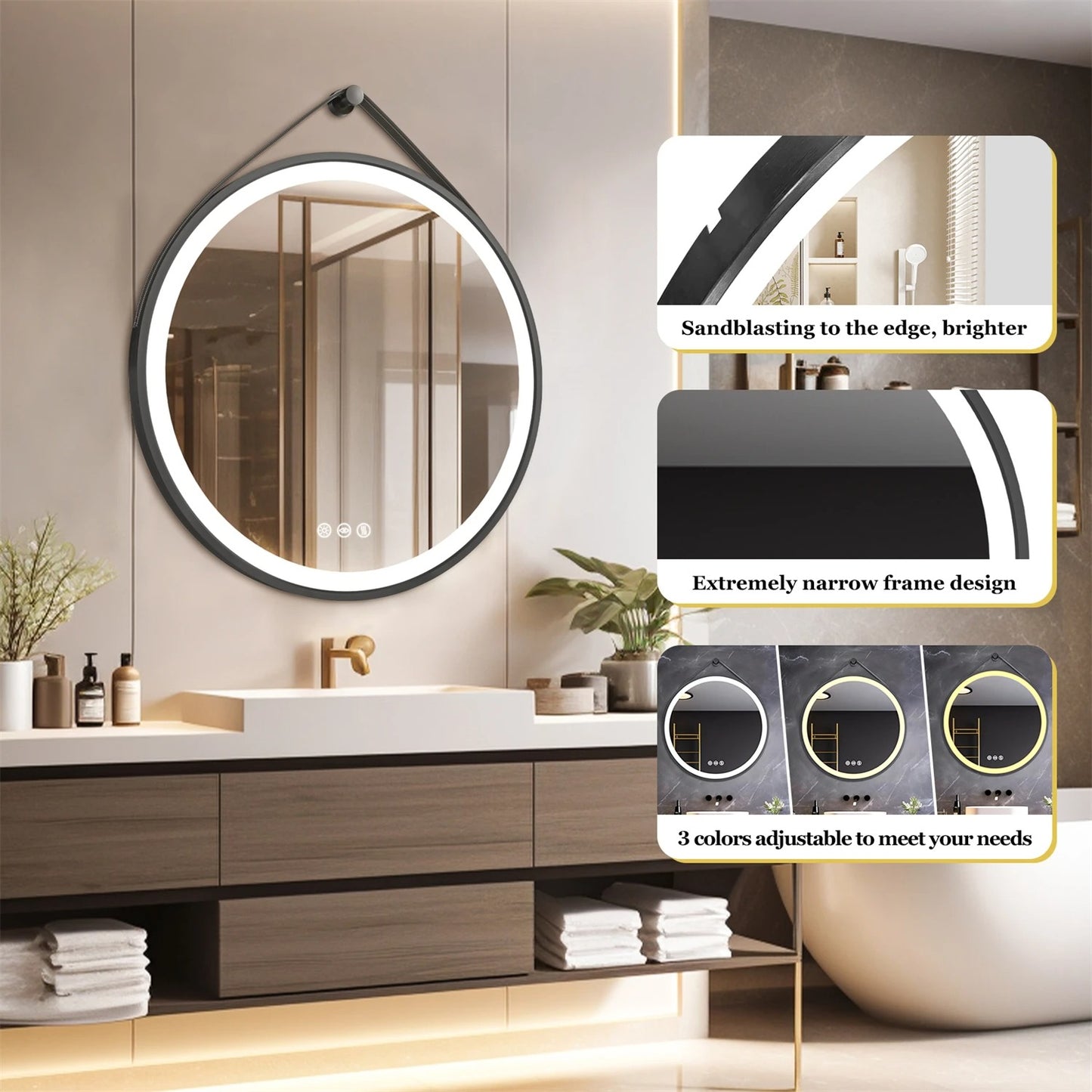 Black Frame with leather rope Round Bathroom Mirror with Front Light,Wall Mounted Lighted Vanity Mirror, Anti-Fog & Dimmable