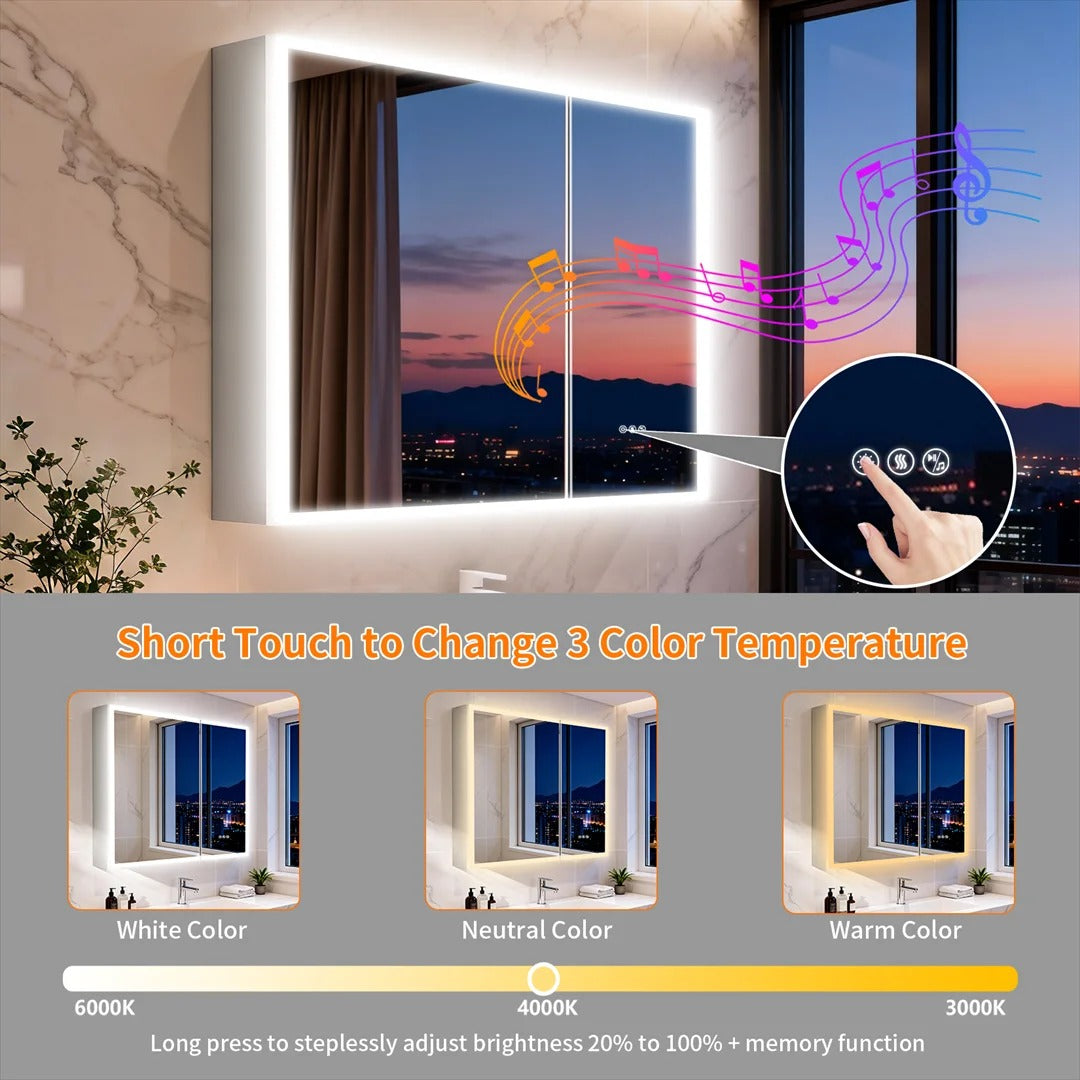 Luxury LED Mirror Cabinet with Dual Bluetooth Speakers & Anti-Fog - touch controls and light colour guide