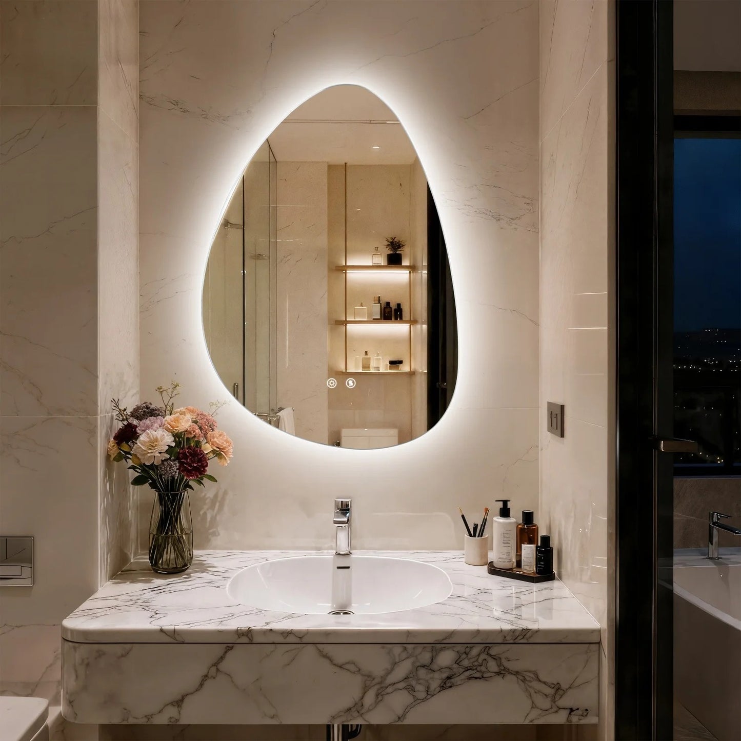 Irregular Illuminated Backlit LED Bathroom Mirror, 3 Colors Setting Anti-fog