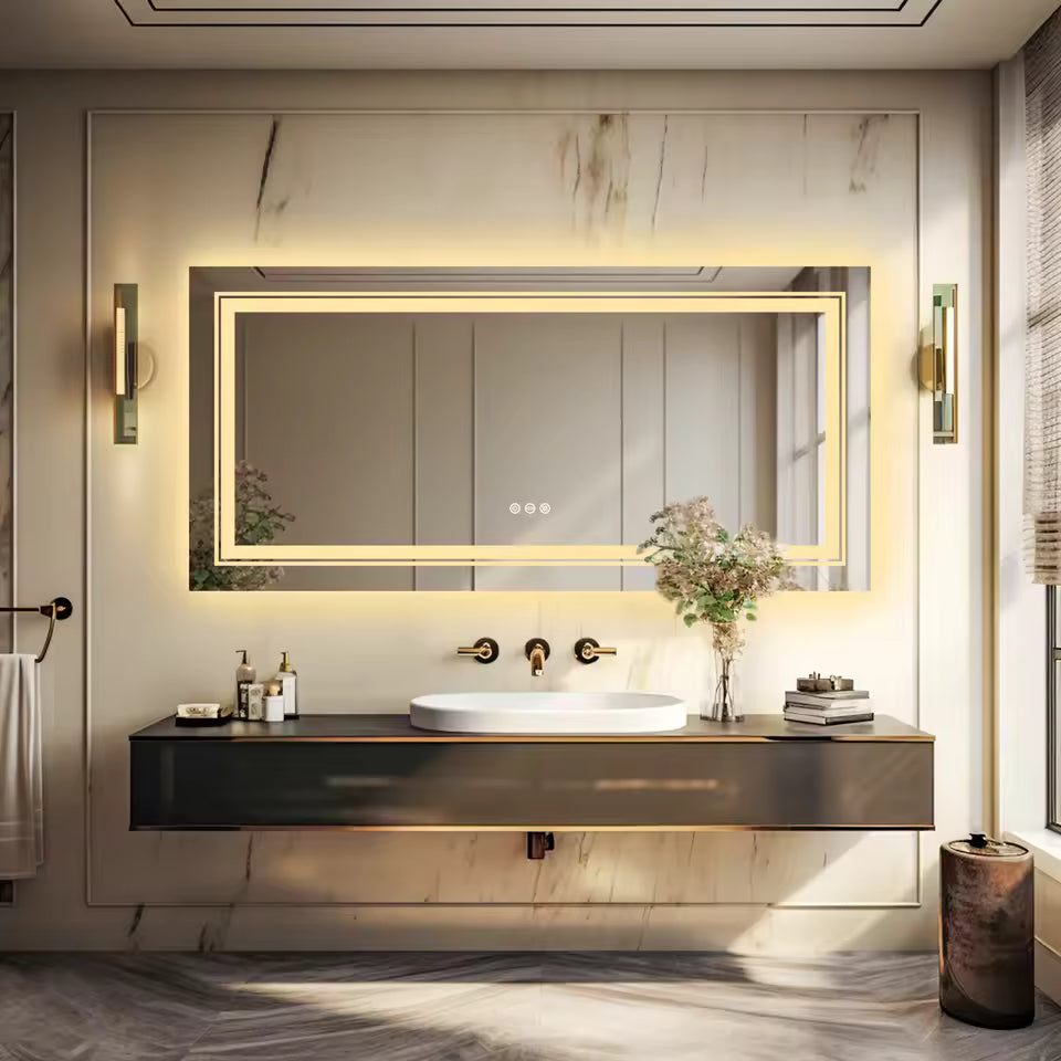 Multiple Size Extra Large Rectangle Double Lights LED Bathroom Mirror Illuminated Dimmable Vanity Mirror with Anti-Fog, 3 Color