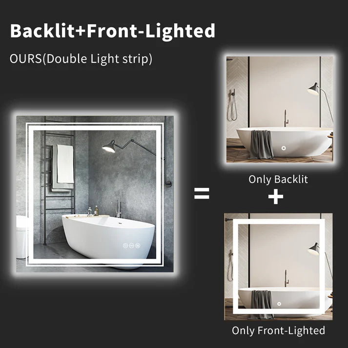 Square Double Light LED Smart Bathroom Illumination Mirror, Wall Mounted, Anti-Fog