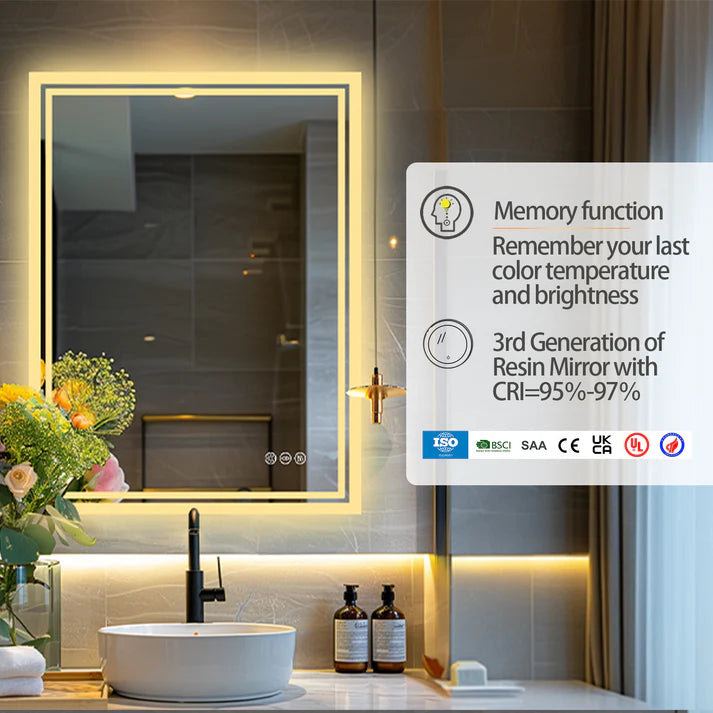 Rectangle Backlit Large LED Bathroom Vanity Mirror, Dimmable, Touch Control, Waterproof