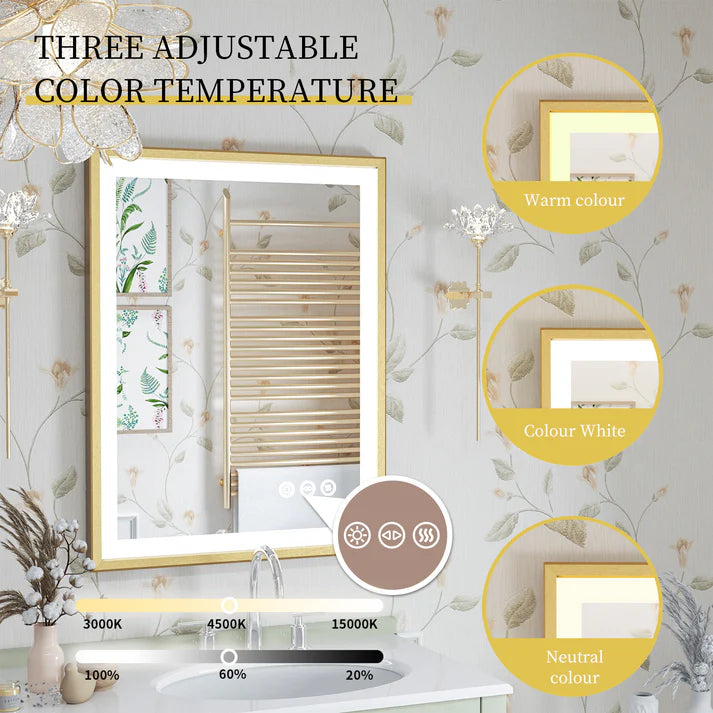 Rectangle Golden Aluminum Alloy Frame Front Light LED Smart Bathroom Illumination Mirror, Wall Mounted, Anti-Fog