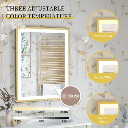 Rectangle Golden Aluminum Alloy Frame Front Light LED Smart Bathroom Illumination Mirror, Wall Mounted, Anti-Fog