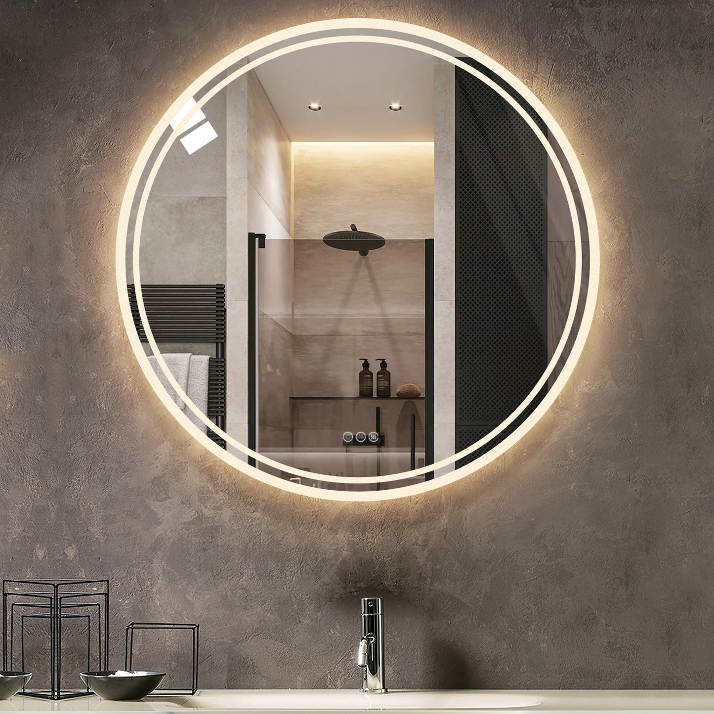 Round Double Lights LED Bathroom Smart Make up Mirror Dimmable, Anti-Fog Circle Wall Mounted Mirror