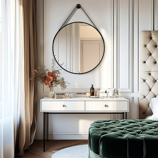 Round Black & Golden Wall Mirror – Decorative Vanity Mirror for Bathroom, Living Room and Bedroom Dressing Table