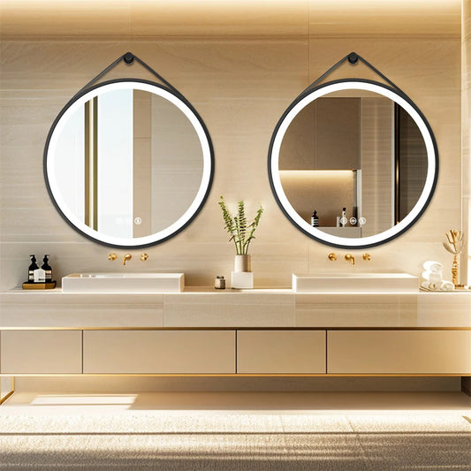 Black Frame with leather rope Round Bathroom Mirror with Front Light,Wall Mounted Lighted Vanity Mirror, Anti-Fog & Dimmable