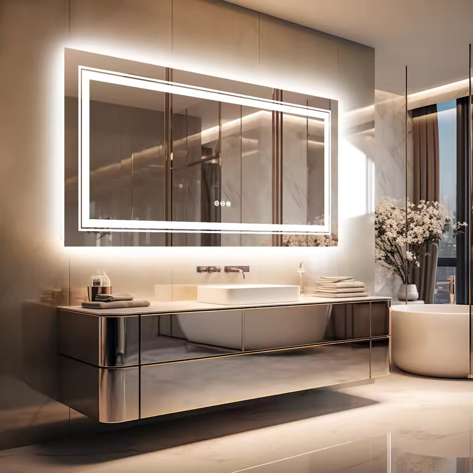 Multiple Size Extra Large Rectangle Double Lights LED Bathroom Mirror Illuminated Dimmable Vanity Mirror with Anti-Fog, 3 Color