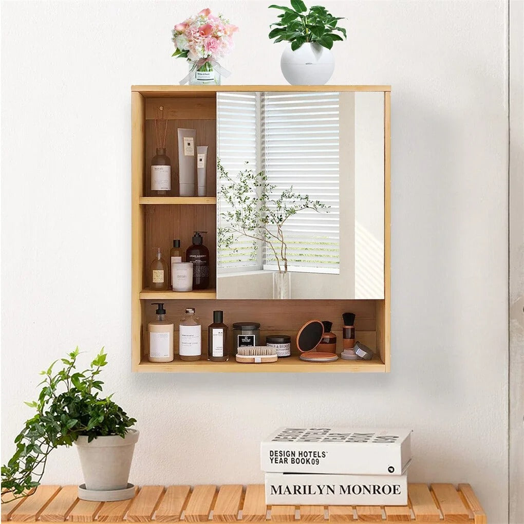 Bamboo Bathroom Mirror Cabinet with Adjustable Shelves – 55.5 × 61 cm