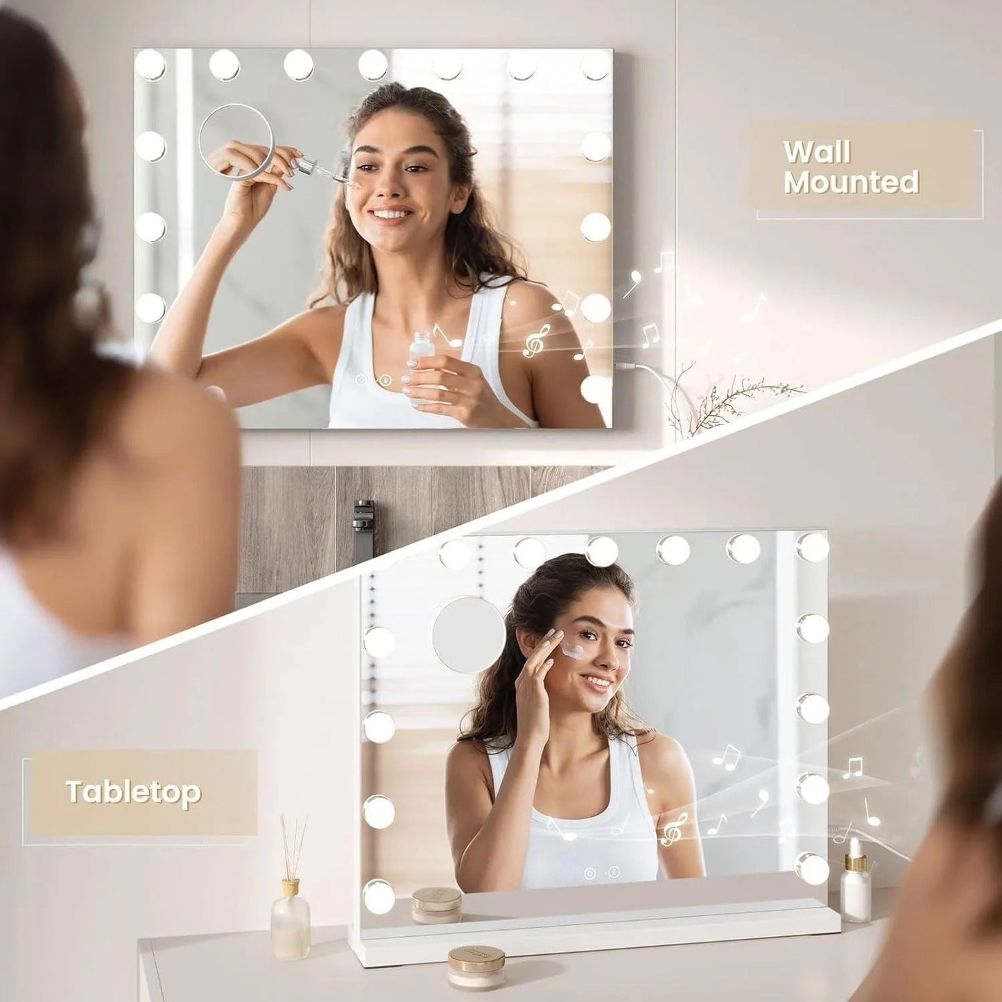 Bluetooth Speaker Hollywood Vanity Mirror with Lights – 58×45cm Large LED Makeup Mirror, 15 Dimmable Bulbs, 3 Color Modes & USB Port