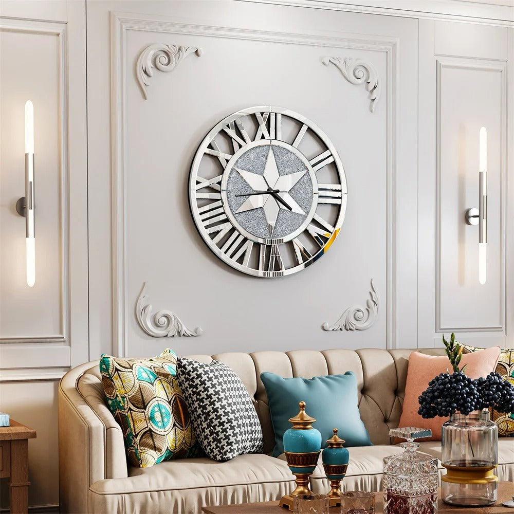 Round Wall Clock Mirror Decorative Silver Glass Mirrors with Roman Numerals Crush Diamond Clocks Battery Operated