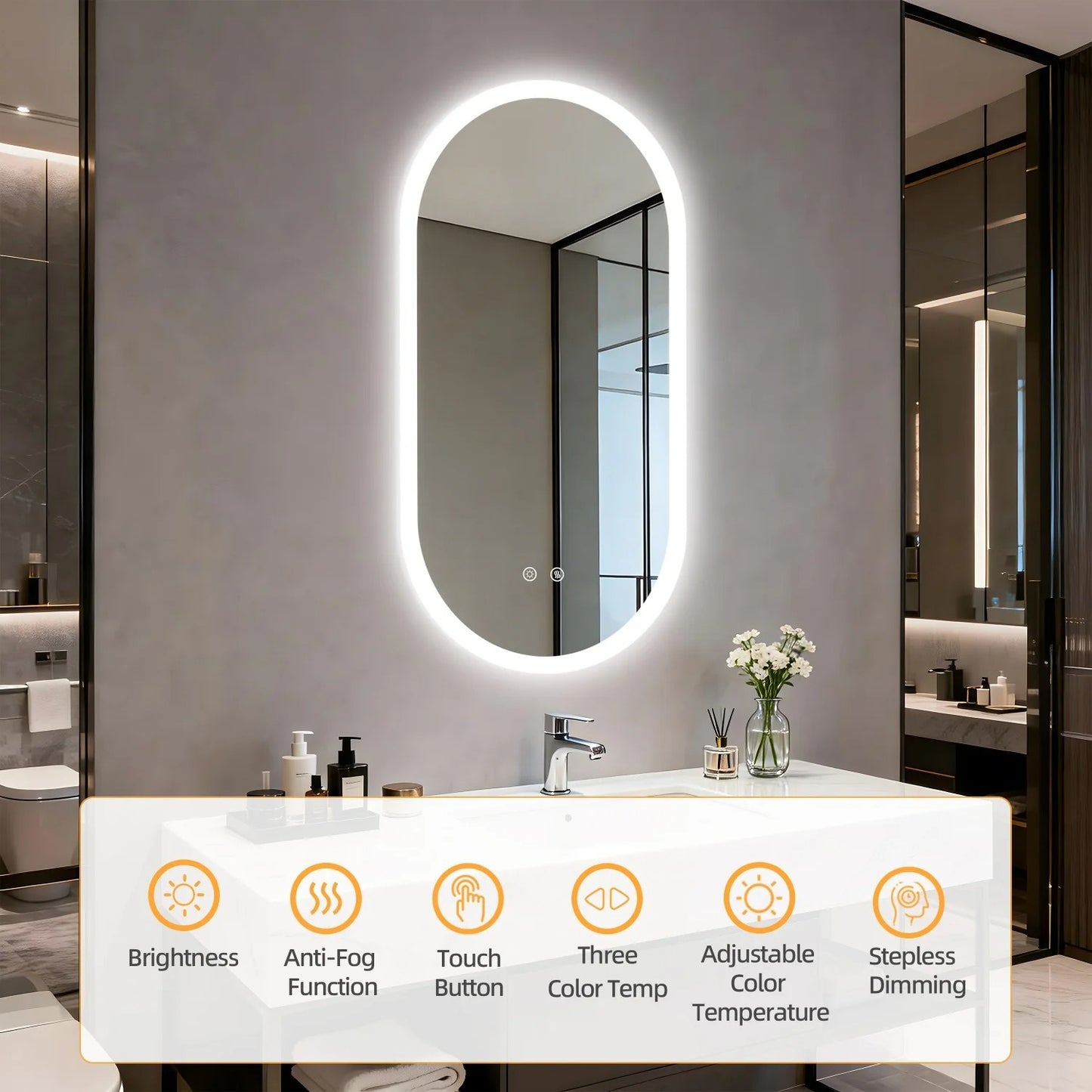 Long Oval LED Bathroom Mirror, Backlit Illuminated Bathroom Vanity Mirror, Memory Function Anti-Fog