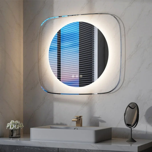 Modern LED Bathroom Mirror with 3-Color Dimmable Backlit and Anti-Fog Feature, 80*70cm