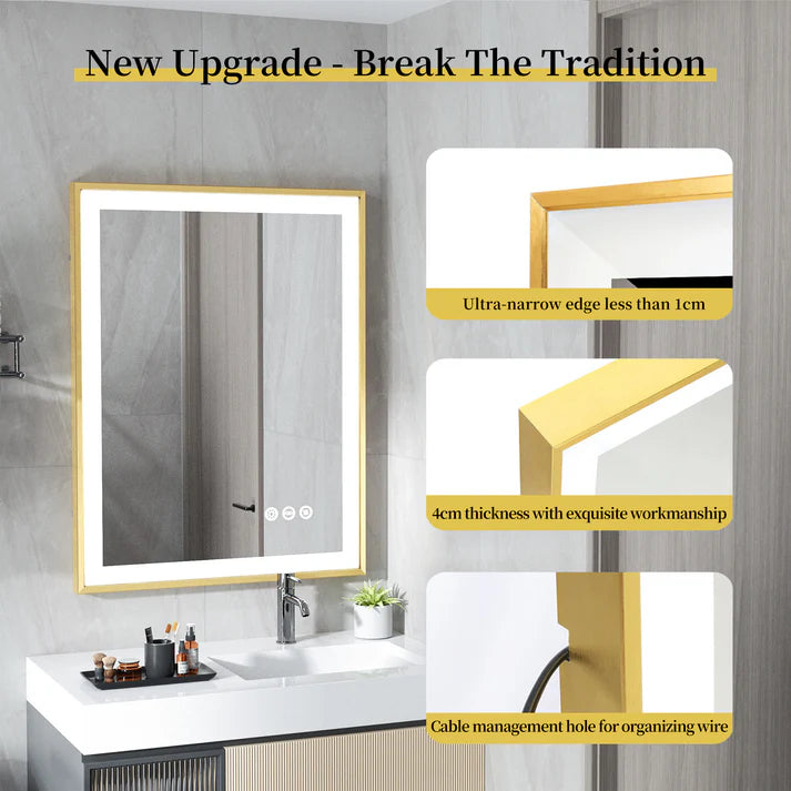 Rectangle Golden Aluminum Alloy Frame Front Light LED Smart Bathroom Illumination Mirror, Wall Mounted, Anti-Fog