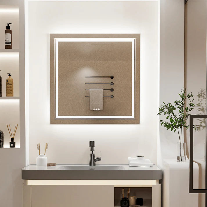 Square Double Light LED Smart Bathroom Illumination Mirror, Wall Mounted, Anti-Fog