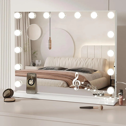 Bluetooth Speaker Hollywood Vanity Mirror with Lights – 58×45cm Large LED Makeup Mirror, 15 Dimmable Bulbs, 3 Color Modes & USB Port