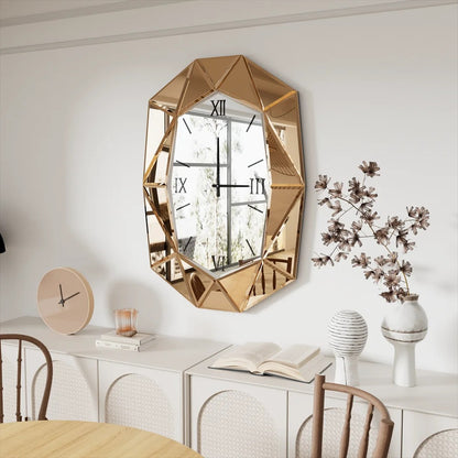 3D Beveled Diamond Wall Mirror with Clock, Hanging Clock