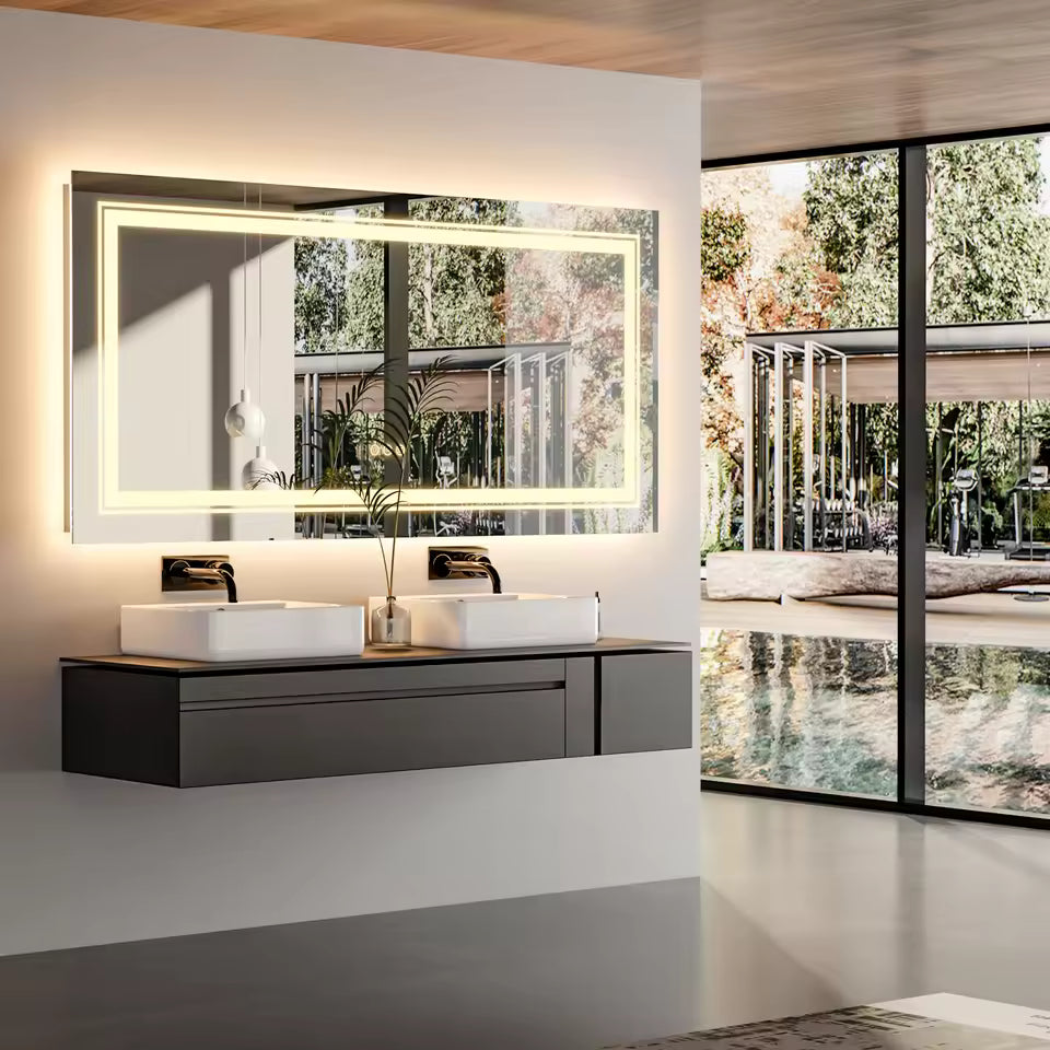 Multiple Size Extra Large Rectangle Double Lights LED Bathroom Mirror Illuminated Dimmable Vanity Mirror with Anti-Fog, 3 Color