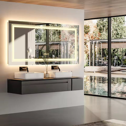 Multiple Size Extra Large Rectangle Double Lights LED Bathroom Mirror Illuminated Dimmable Vanity Mirror with Anti-Fog, 3 Color