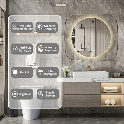 Modern LED Bathroom Mirror with 3-Color Dimmable Backlit and Anti-Fog Feature, 80*70cm